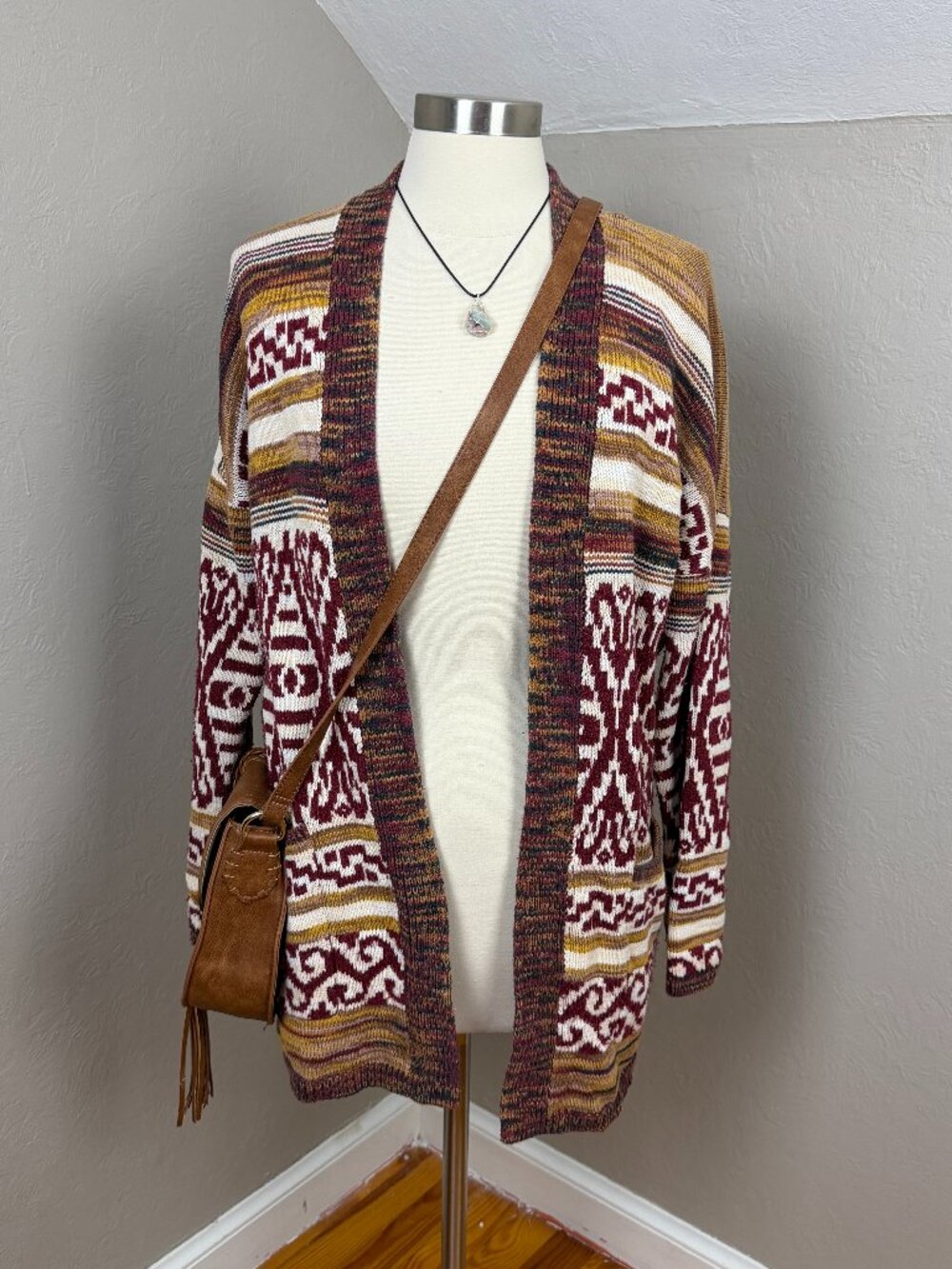 Lucky Brand Southwest Open Front Knit Cardigan Maroon Brown Size M
